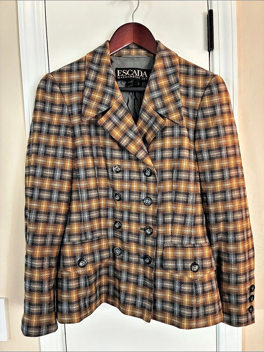 Escada Plaid Double-Breasted Blazer in Brown & Gray